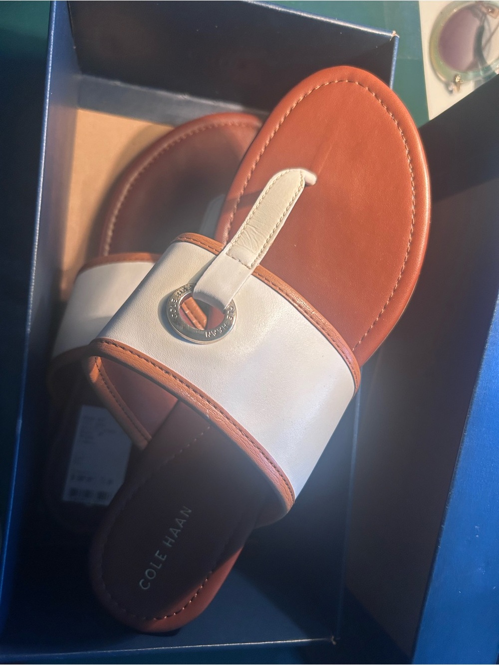 Cole Haan White and Brown Leather Toe-Post Slide Sandals